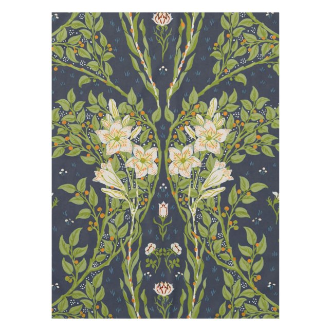 Walter Crane Vintage Navy White Lily Pattern Tablecloth (Front)