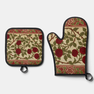Walter Crane Vintage Rosamund Red Rose Floral Art Oven Mitt & Pot Holder Set