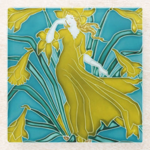 Walter Crane Yellow Daffodil Art Nouveau Tile Glass Coaster