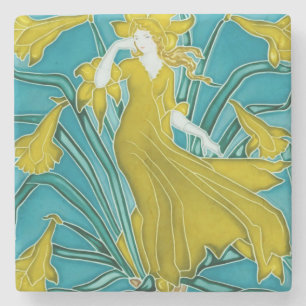 Walter Crane Yellow Daffodil Art Nouveau Tile Stone Coaster
