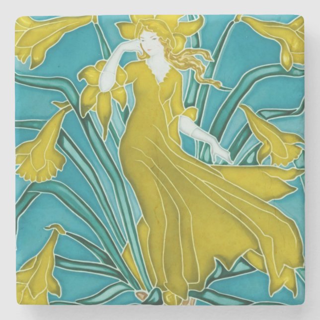Walter Crane Yellow Daffodil Art Nouveau Tile Stone Coaster (Front)