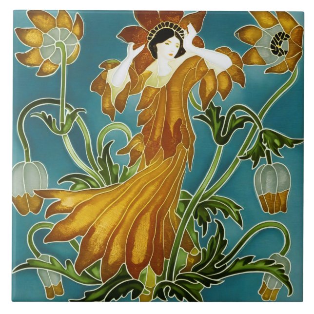 Walter Crane's Flora Art Nouveau Ceramic Tile (Front)