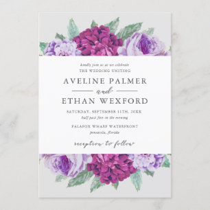 Waltzing Aveline Purple Watercolor Floral Wedding Invitation