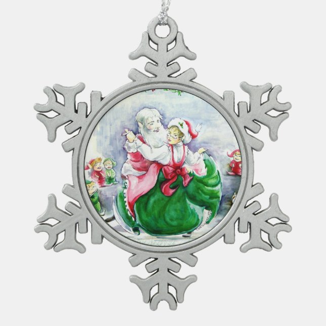 Waltzing Santa & Mrs. Claus Snowflake Ornament (Front)