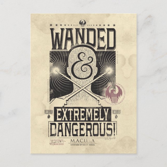Wanded & Extremely Dangerous Wanted Poster - Black Postcard (Front)