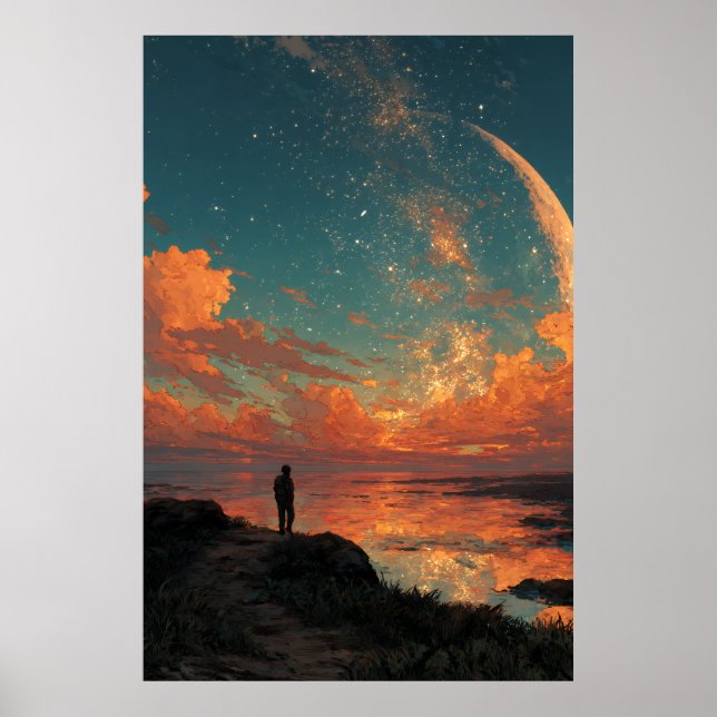 Wanderer Under Giant Crescent Moon Poster (Front)