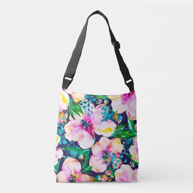 Wanderer Watercolor Floral Pink and Blue Crossbody Bag (Front)
