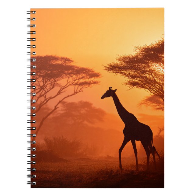 Wandering Giraffe Orange Savannah Silhouette Notebook (Front)