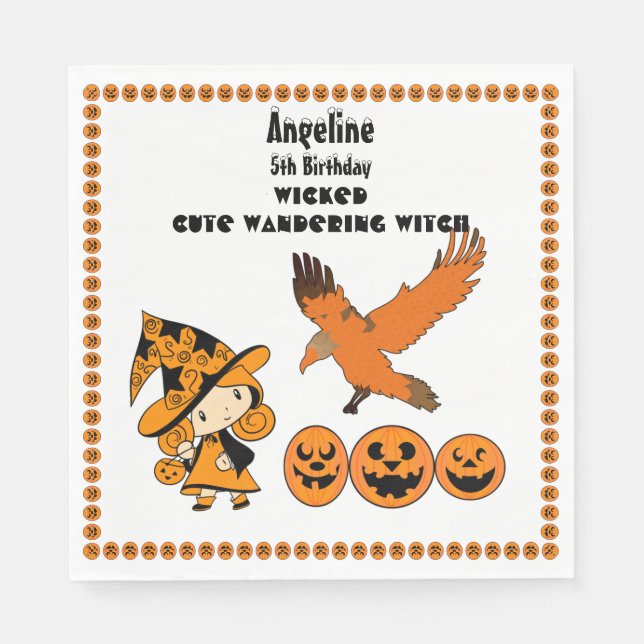 Wandering Witch Raven Halloween Pumpkins Birthday  Napkin (Front)