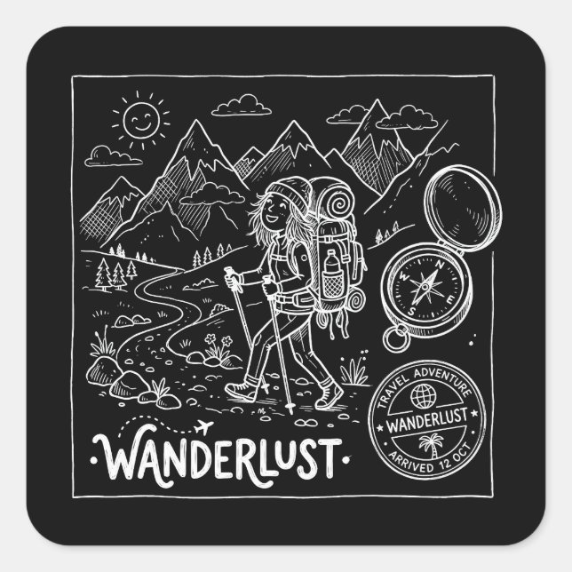 Wanderlust Backpacker Doodle Square Sticker (Front)