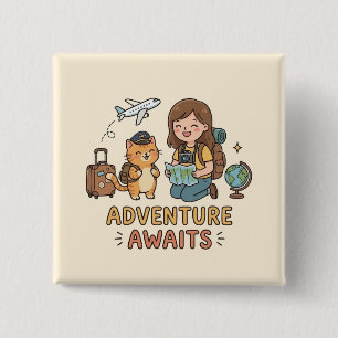Wanderlust Cat and Owner Adventure Globe Graphic 15 Cm Square Badge