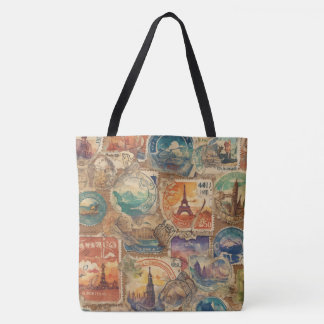 Wanderlust Chronicles: Vintage-Style Travel Stamps Tote Bag
