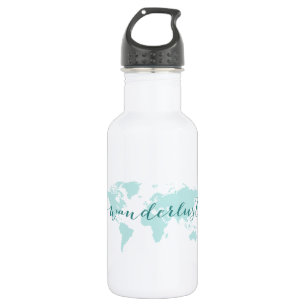 Wanderlust, desire to travel, teal world map 532 ml water bottle