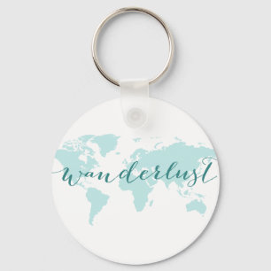Wanderlust, desire to travel, teal world map key ring