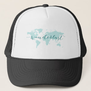 Wanderlust, desire to travel, teal world map trucker hat