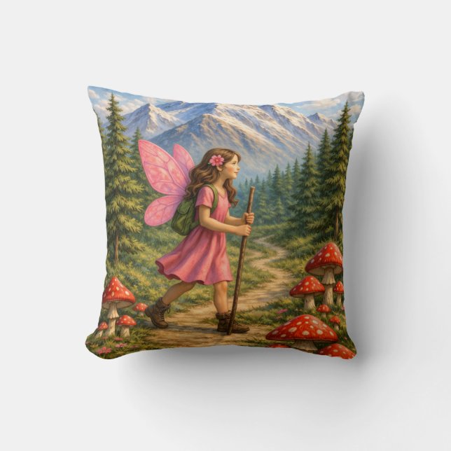 Wanderlust Mountain Fairy Hiker Fairycore Mushroom Cushion (Front)