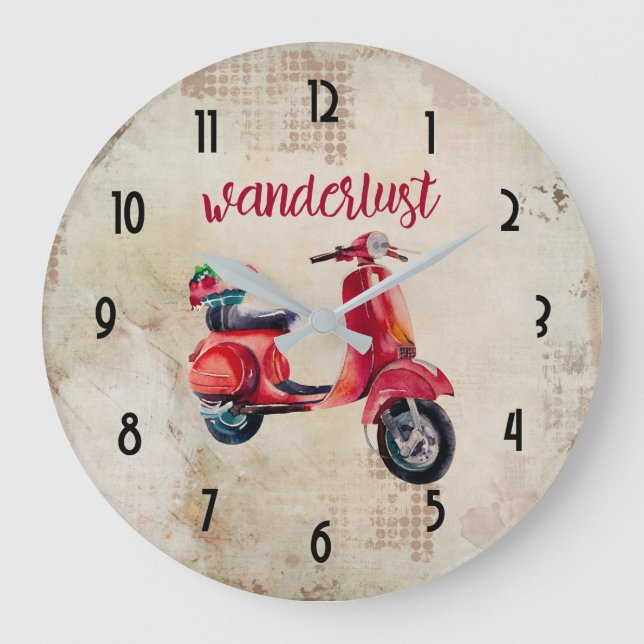 Wanderlust - Red Watercolor Moped Large Clock (Front)