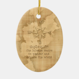 "Wanderlust..." Travelling Quote on Vintage Paper Ceramic Tree Decoration