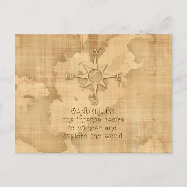 "Wanderlust..." Travelling Quote on Vintage Paper Postcard (Front)
