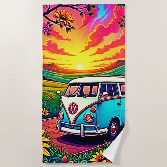 Wanderlust Van Sunset Art Beach Towel (Front)