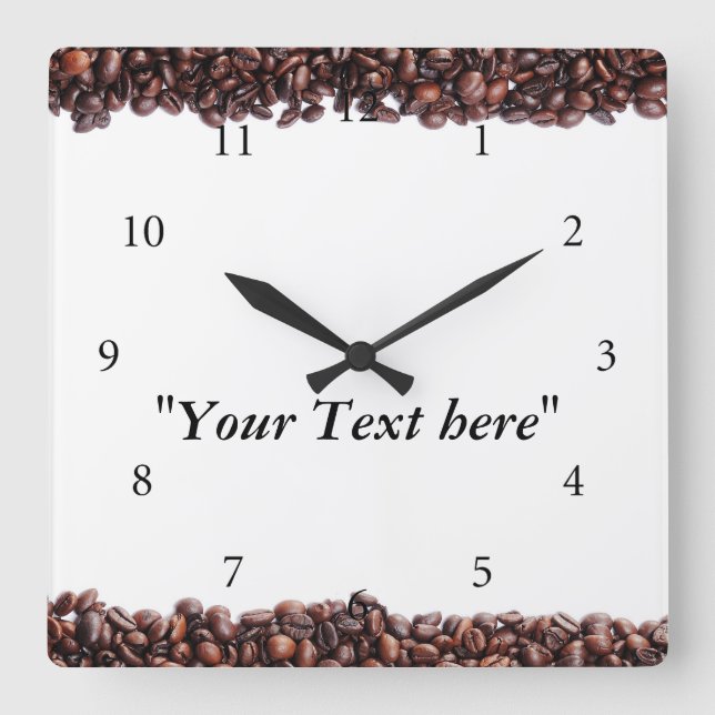 Wanduhr mit Kaffeebohnen Motiv und Textfeld Square Wall Clock (Front)