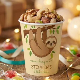 Wanna hang out? sloth kids birthday paper cups