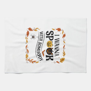 Wanna Spook Somebody Halloween Pumpkins Spider Bat Tea Towel