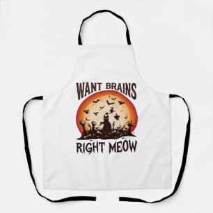 Want Brains Right Meow Halloween Black Cat Orange  Apron
