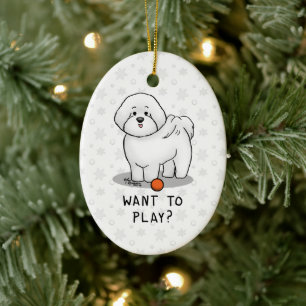 Want to Play? Bichon Frise Dog with Ball - Cute Ceramic Ornament