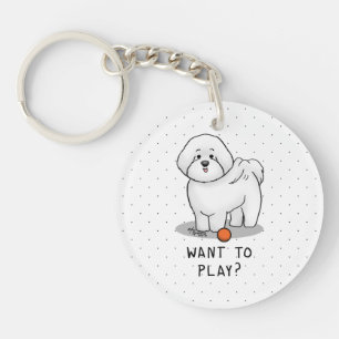 Want to Play? Bichon Frise Dog with Ball - Cute Key Ring