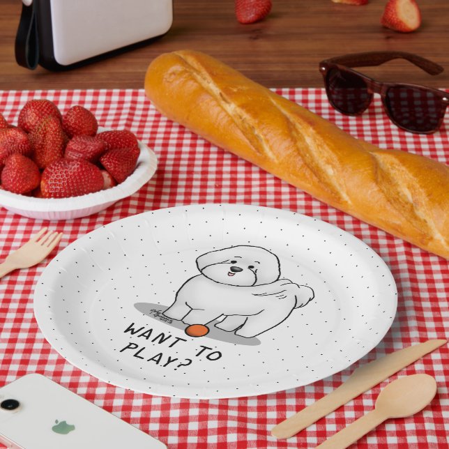 Want to Play? Bichon Frise Dog with Ball Cute Paper Plate (Picnic)