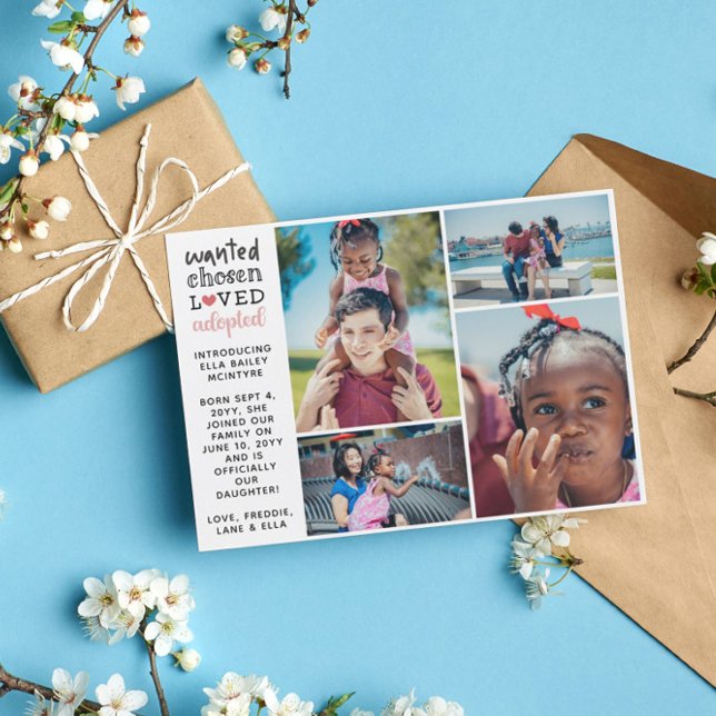 Wanted Chosen Loved Adopted Pink Photo Collage Announcement (Creator Uploaded)