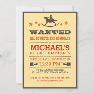 Wanted Country Western Cowboy Birthday Invitation