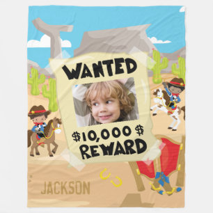 Wanted Cowboy with Photo and Name, Little Boy Fleece Blanket