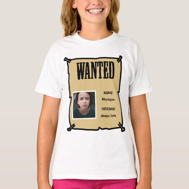 Wanted Kid Cute Cartoon Sign and offence T-Shirt (Front)