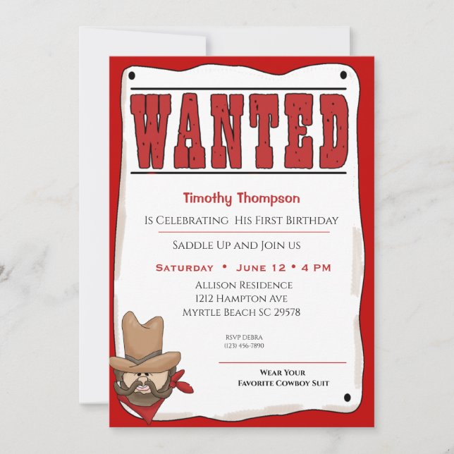 Wanted Poster Birthday Invitation (Front)