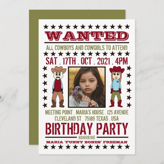Wanted Poster, Cartoon Western Birthday Invitation (Front/Back)