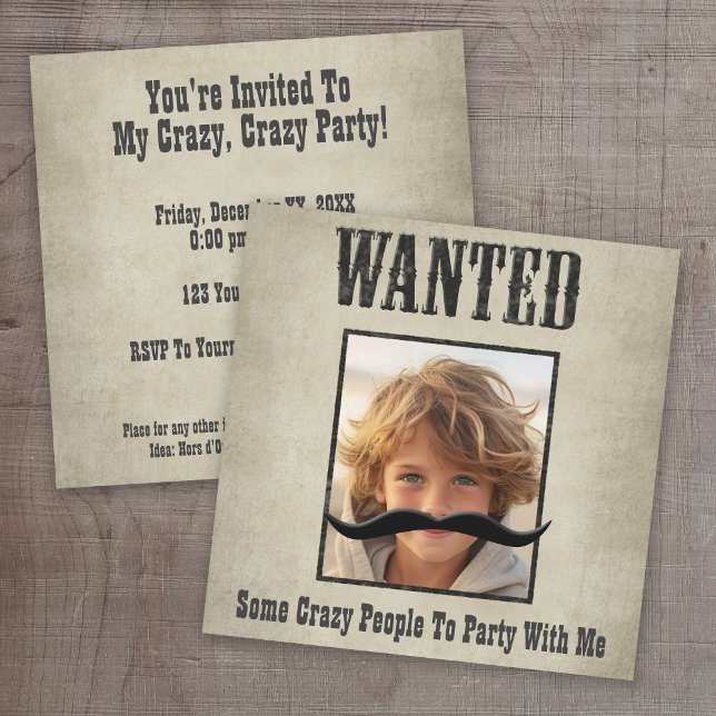 Wanted Poster Invitation - Move the moustache (Wanted - Wild West Theme Party)