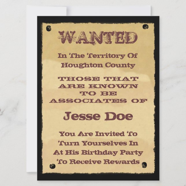 Wanted Poster Invitations to Western Themed Party (Front)