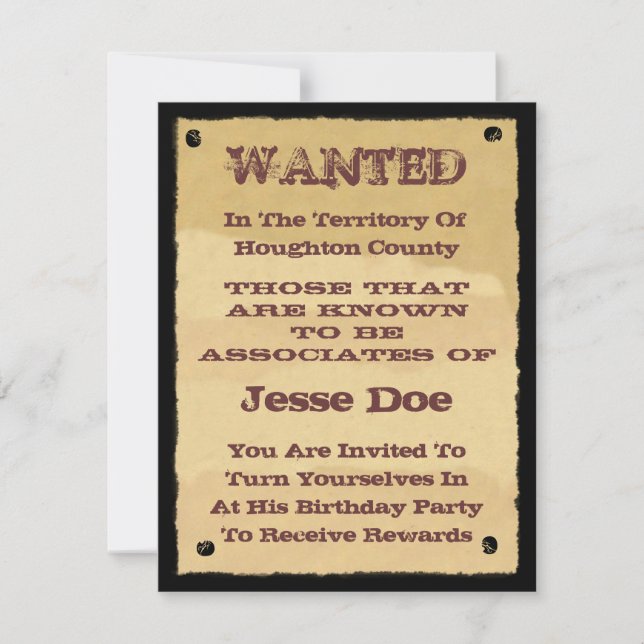 Wanted Poster Invitations to Western Themed Party (Front)