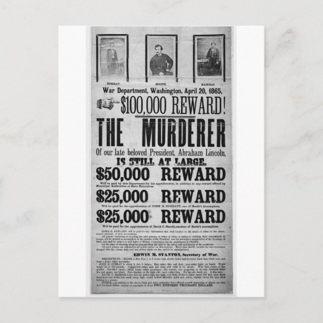 Wanted Poster Lincoln Assassination Conspirators Postcard (Front)