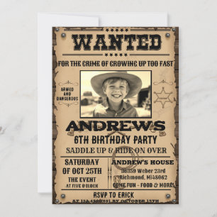 Wanted Poster Western Cowboy with Photo Birthday  Invitation