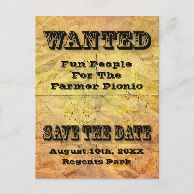 wanted save the date aged paper postcard (Front)
