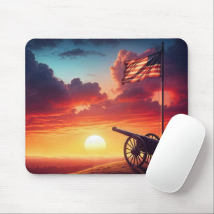 War Cannon With American Flag At Sunset Mouse Pad