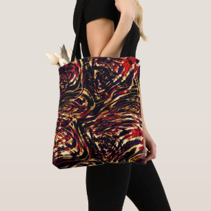 War of gold ribbons against red, black background tote bag