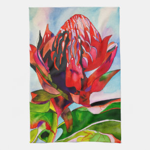 Waratah Australian native flower watercolor Tea Towel