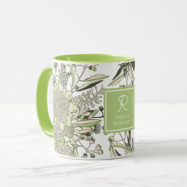 Waratah & Gumnut Eucalyptus - Green And White Mug (Front Left)