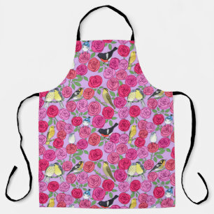 warblers and roses on lavender apron