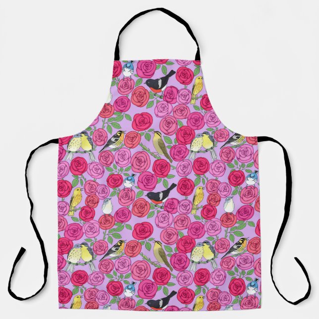 warblers and roses on lavender apron (Front)