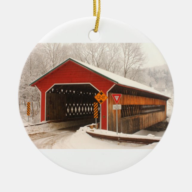 Ware Gilbertville Covered Bridge Winter Ceramic Tree Decoration (Front)
